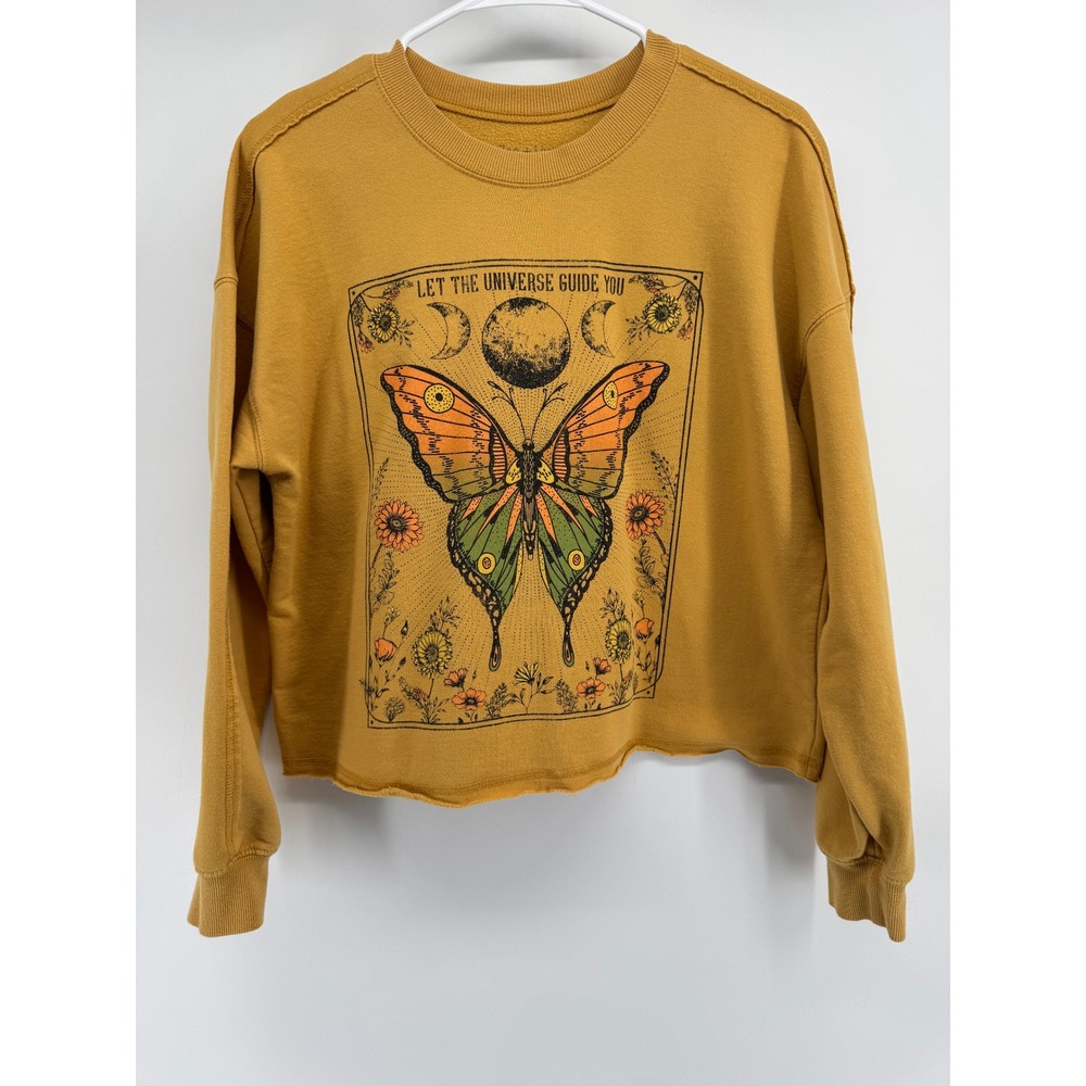 Zoe + Liv Mustard Yellow Celestial Butterfly Cropped Sweatshirt Mediumβ Boho